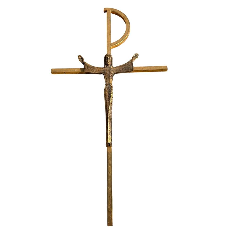 Mid Century Modern Crucifix Gold Brass Monographic Staurogram Tau-Rho Cross